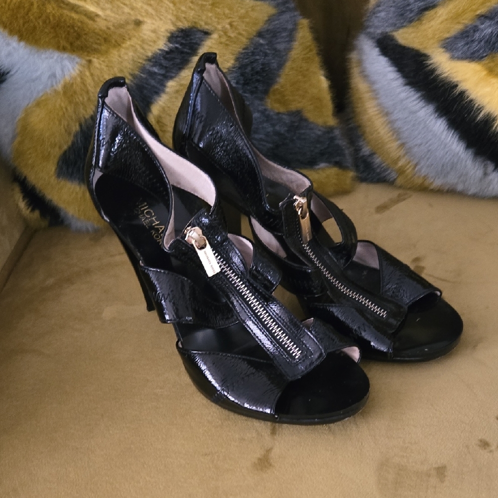 Michael Kors Shiny Black Heels with Gold Zipper